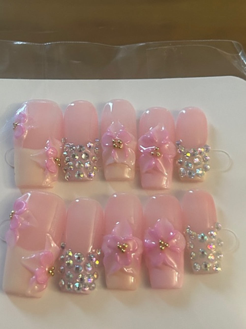 Pink Floral Rhinestone Press-On Nails - Nail Art